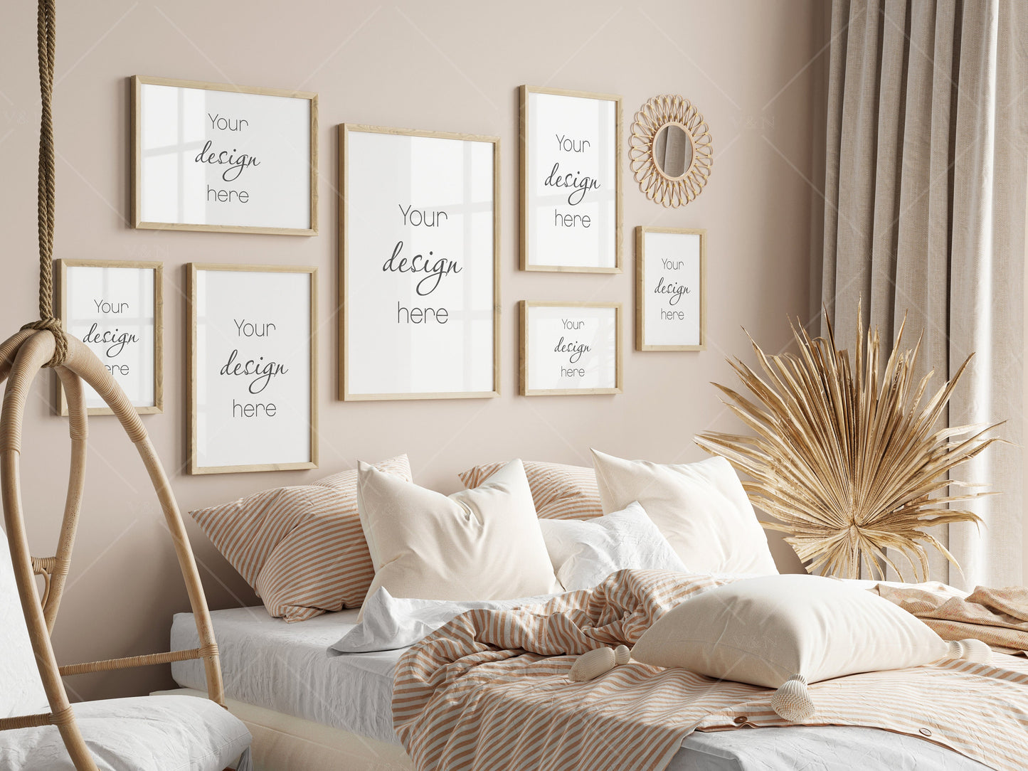 Boho Bedroom Frame Mockup, Gallery Frame Mockup in Bedroom Interior, Poster Mockup, PSD JPG