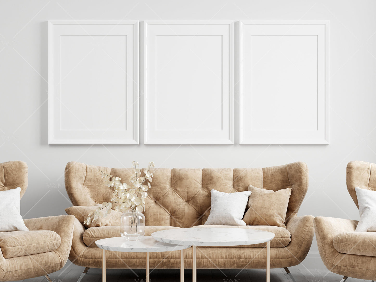 Boho Living Room Frame Mockup, Interior Mockup, Poster Mockup, 3 Vertical Wooden Frames Mockup A2