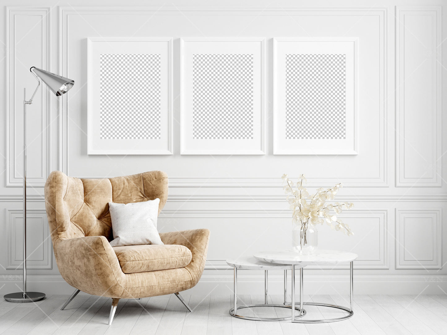 Boho Living Room Frame Mockup, Interior Mockup, Poster Mockup, 3 Vertical Wooden Frames Mockup A2