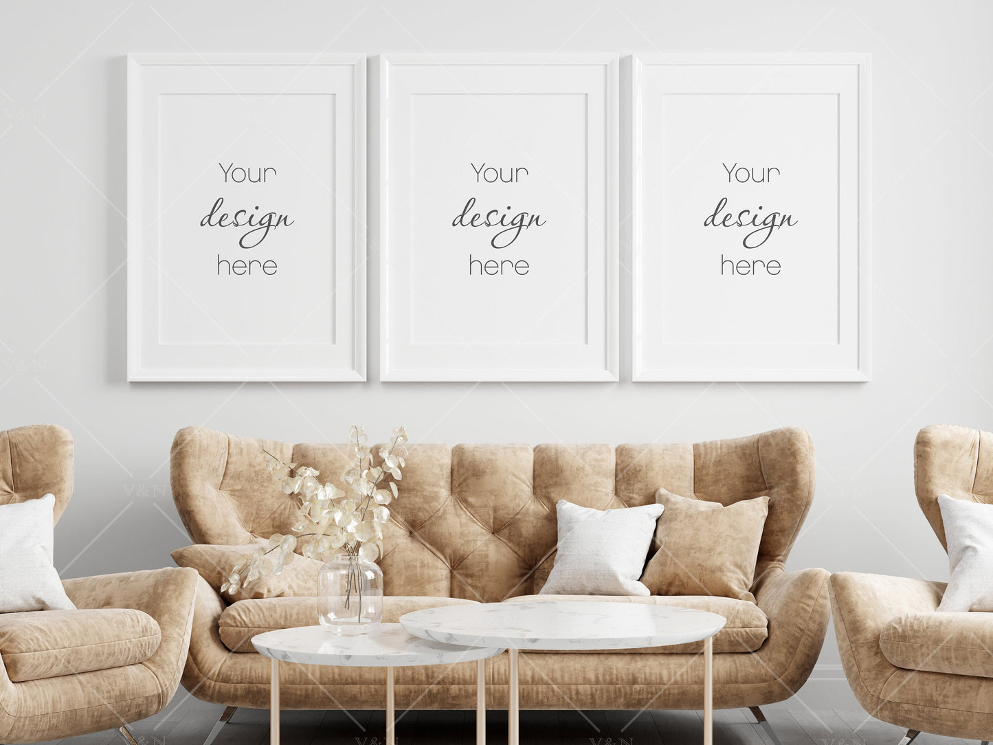 Boho Living Room Frame Mockup, Interior Mockup, Poster Mockup, 3 Vertical Wooden Frames Mockup A2