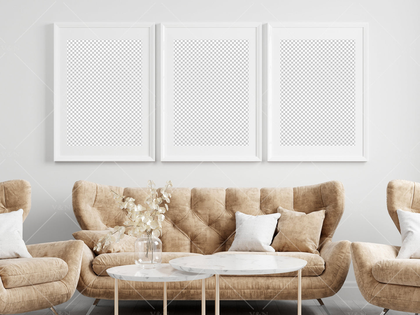 Boho Living Room Frame Mockup, Interior Mockup, Poster Mockup, 3 Vertical Wooden Frames Mockup A2