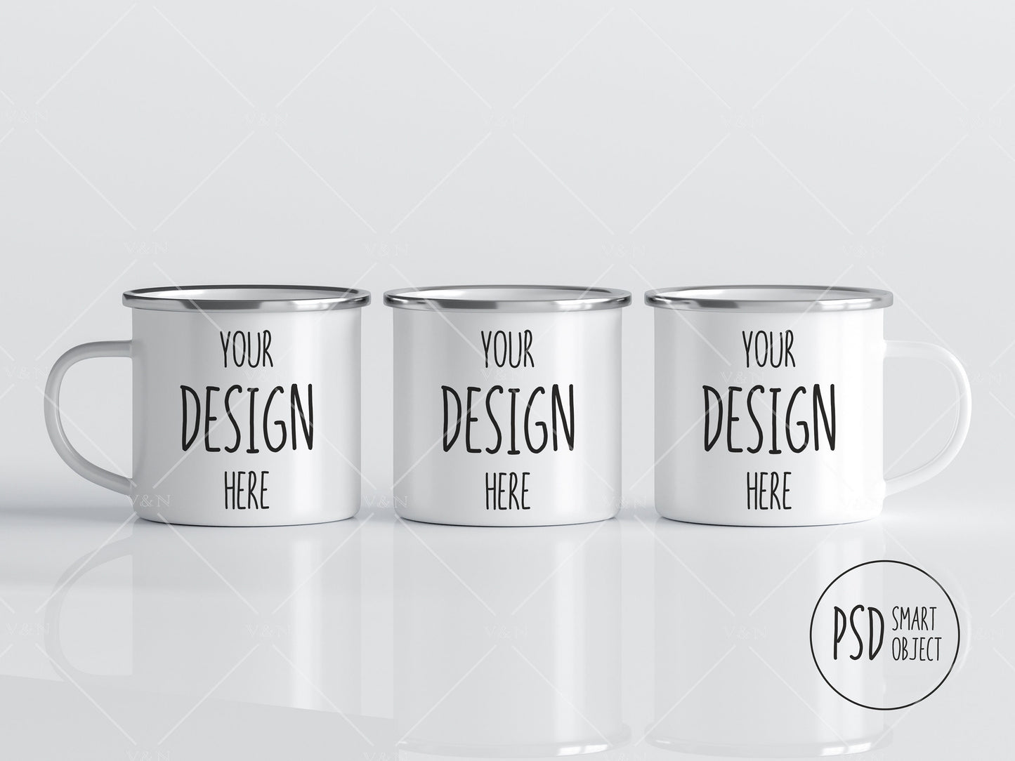 PSD JPG Three White Camp Cups Template Mockup, Enamel White Coffee Mug Mockup, Enamel Camping Cup Mockup, Photoshop Smart Object