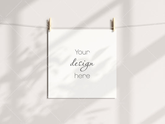 Square Poster Mockup, Mockup Print, Paper Mockup, Pegs and Paper, Art Print Mockup, Minimalist Mockup, Boho Mockup, PSD JPG PNG