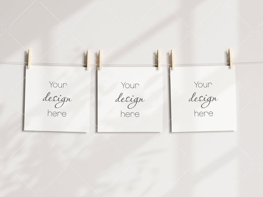 Square Papers Mockup, Poster Mockup, Mockup Print, Pegs and Paper, Art Print Mockup, Minimalist Mockup, Boho Mockup, PSD JPG PNG