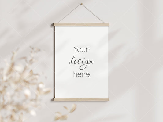 Magnetic Poster Bar Mockup, Wooden Hanging Poster Frame, Poster Hanger Mockup, Minimalist Mockup, Boho Mockup, PSD JPG PNG