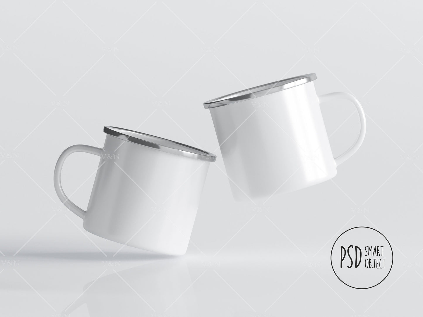 PSD JPG Two White Camp Cups Template Mockup, Enamel White Coffee Mug Mockup, Enamel Camping Cup Mockup, Photoshop Smart Object
