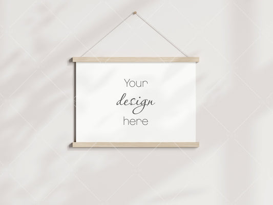 Horizontal Poster Hanger Mockup, Wooden Hanging Poster Frame, Magnetic Poster Bar Mockup, Minimalist Mockup, Boho Mockup, PSD JPG PNG