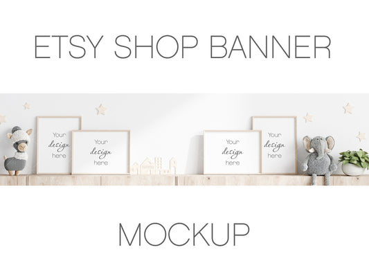 Etsy Shop Banner Mockup With Wooden Frames 3*4 ratio, Nursery Frame Mockup, Poster Mockup, Frame Mockup for Print, Frame Mockup for Art