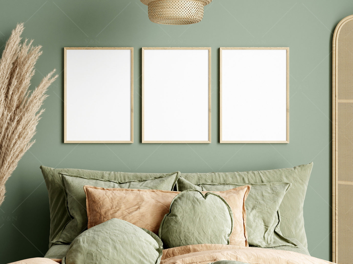 Boho Frame Mockup in Bedroom Interior, Poster Mockup, PSD JPG