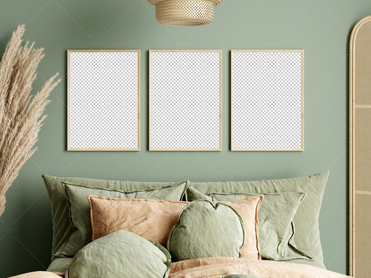 Boho Frame Mockup in Bedroom Interior, Poster Mockup, PSD JPG