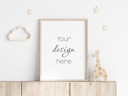 Kids Room Frame Mockup, Portrait Frame Nursery Interior Wall Mockup, Minimalist Nursery Frame Mockup