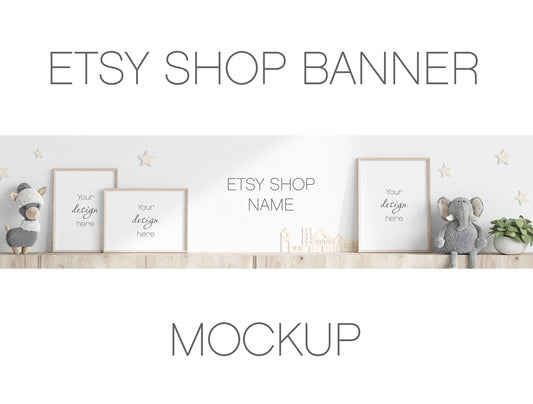 Etsy Shop Banner Mockup With Wooden Frames 3*4 ratio, Nursery Frame Mockup, Poster Mockup, Frame Mockup for Print, Frame Mockup for Art