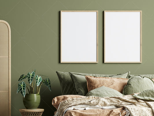 Boho Frame Mockup in Bedroom Interior, Poster Mockup, PSD JPG