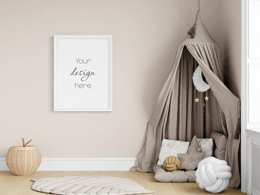 Kids Room Frame Mockup, Nursery Frame Mockup, Portrait Frame Nursery Interior Wall Mockup, Minimalist Nursery Frame Mockup